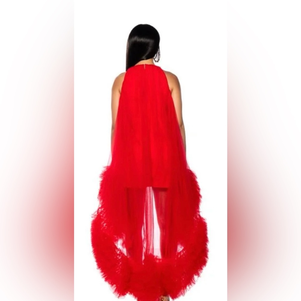 AKIRA Label Tulle Ruffle High/Low Mini Dress In Red, flawy satin lining high/low